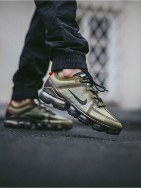 Nike Men's Olive Green and Black VaporMax Athletic Shoes with Red Pull Tab 2018